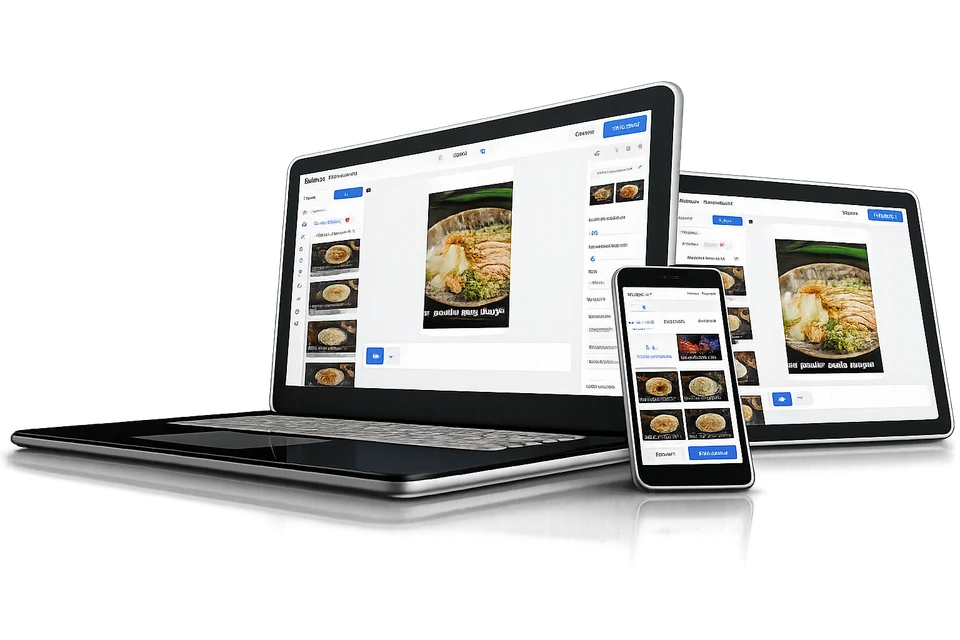 Ordinateur portable, tablette et téléphone affichant l’éditeur ADVUE CMS