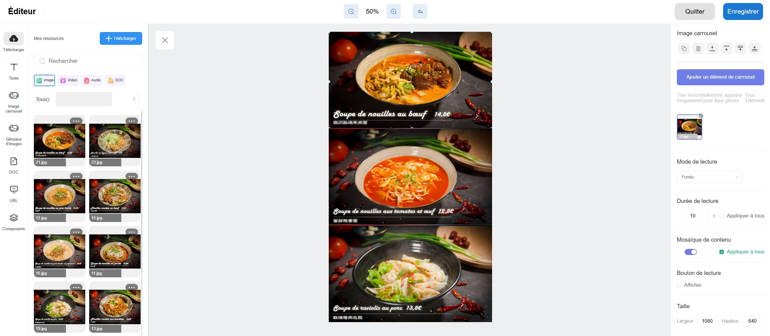 Éditeur ADVUE CMS configurant un carrousel de visuels pour un affichage de restaurant