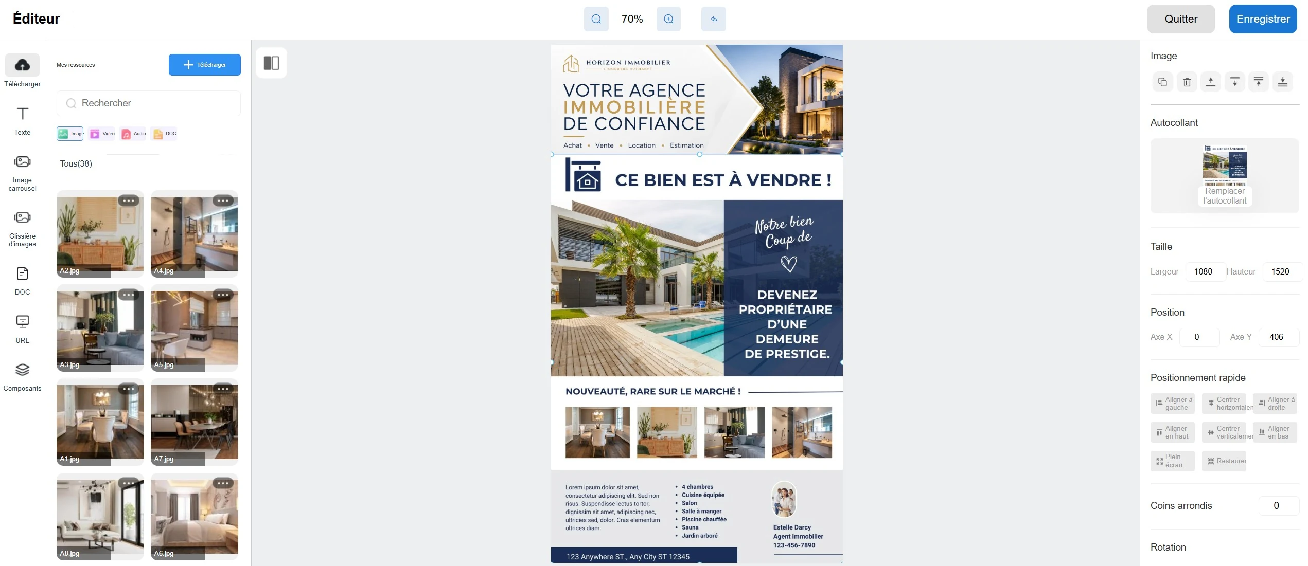 Éditeur ADVUE CMS composant un affichage immobilier avec bibliothèque de médias et panneau de réglages