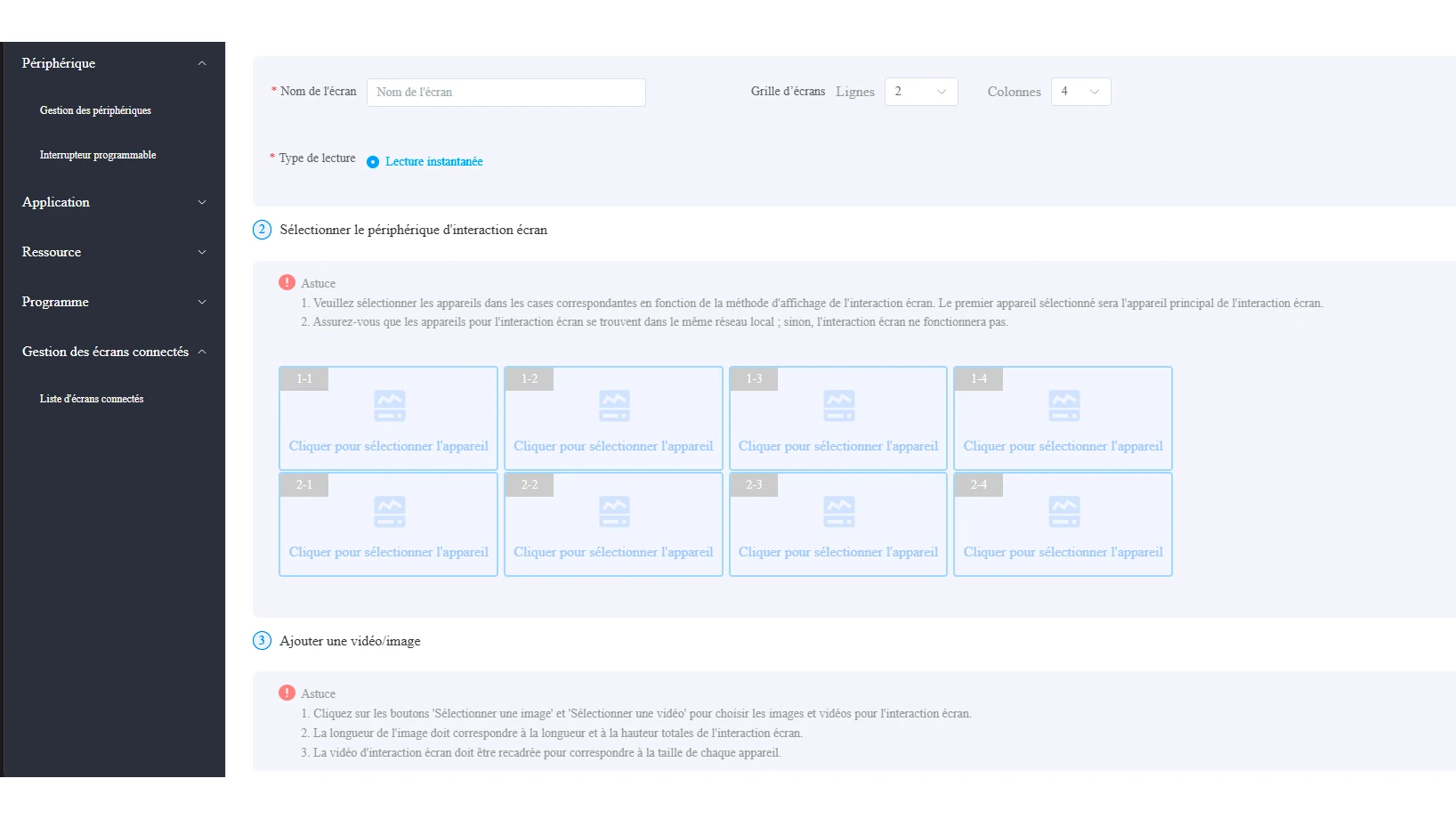 Interface ADVUE CMS de configuration d’une grille d’interaction multi-écrans à huit emplacements